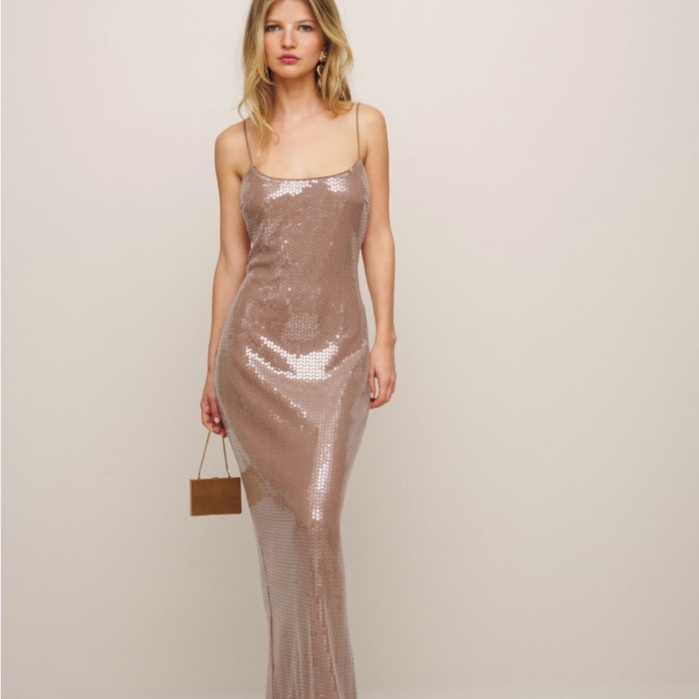 NWT Reformation x Camille Rowe Rose Gold Sequin Bevelyn Maxi Dress